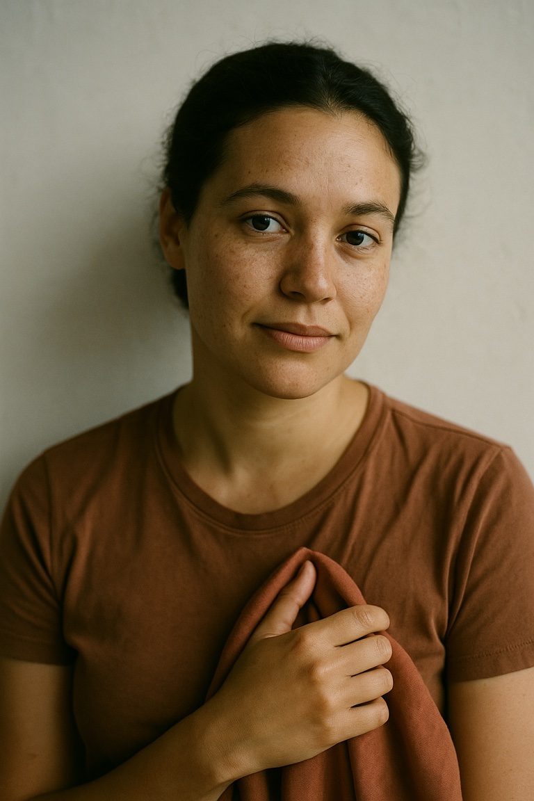 A subject holding a rust drape at the collarbone in soft natural daylight — the kind of selfie Tonebook reads in step one