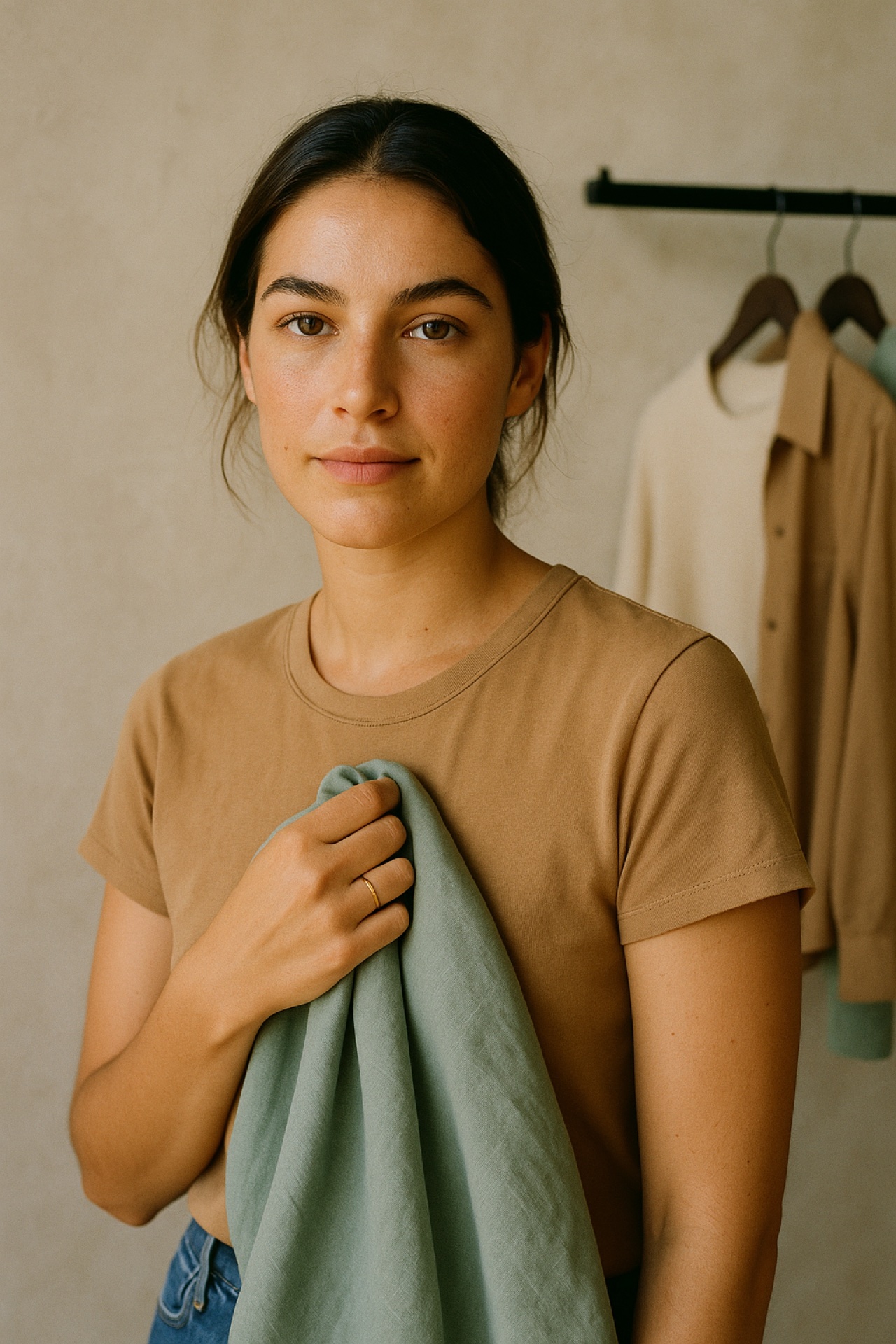 A subject holding a sage-green linen drape at her collarbone, soft north-window light against a textured plaster wall